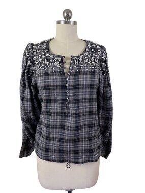 Akemi + Kim Anthropologie Plaid Pearl Flannel Henley Small Grunge Glam Fall Boho